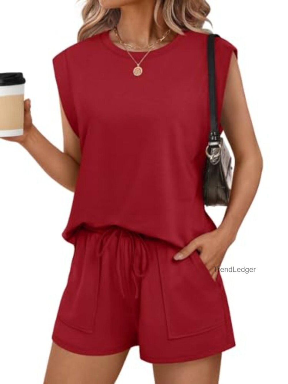 Womens 2 Piece Lounge Set Shorts Cap Sleeve Crewneck Pockets Drawstring Casual
